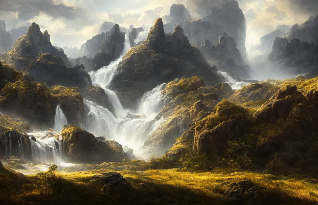 Prompt: a huge arc of a mountain far away in a hans - werner sahm inspired landscape, detailed dreamscape, hyperreal phantastic landscape, golden ratio, high aestehtic, waterfall cascades, cinematic light dramatic light, trending on artstation