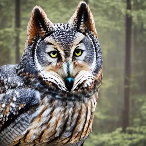 Image similar to mixture between an! owl and wolf, captured in a forest