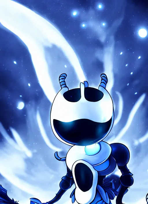 Image similar to cinematic shot, the hollow knight pure vessel dynamic pose space background, shining armor, ultra detailed digital art, 4 k deviantart