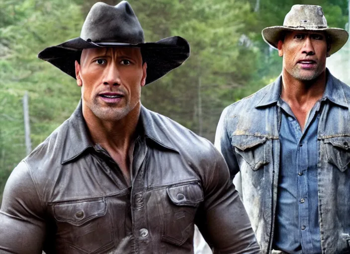 Image similar to film still of dwayne the rock johnson as rick grimes wearing a hat in the new walking dead tv series, 4 k