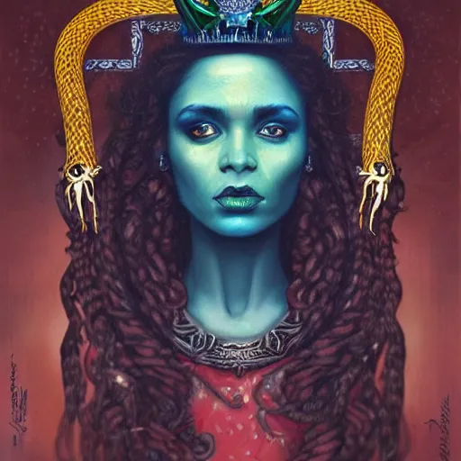 Prompt: portrait of a queen with a crown of snakes, desi dark skin, kneeling, dramatic lighting, blue and green, by Anato Finnstark, Tom Bagshaw, Brom