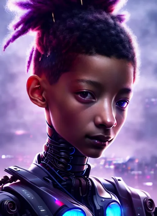 Prompt: willow smith as a weaponized cyborg, cyberpunk, intricate wirings, highly detailed, sci - fi, octane render, 8 k, sharp focus, smooth, beautiful and graceful, art by artgerm, greg rutkowski, tian zi, soey milk,