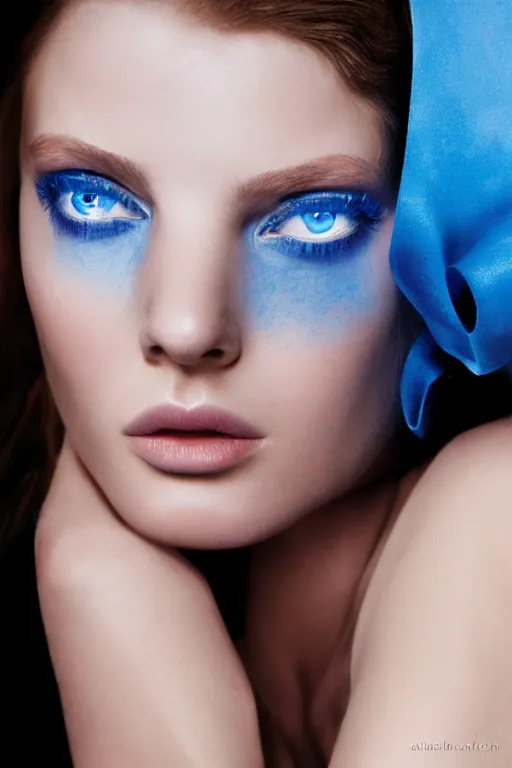 Prompt: hyperrealism extreme close-up portrait of fashion model with blue eyes in blue lighting, silk clothes, dark atmosphere, in style of classicism