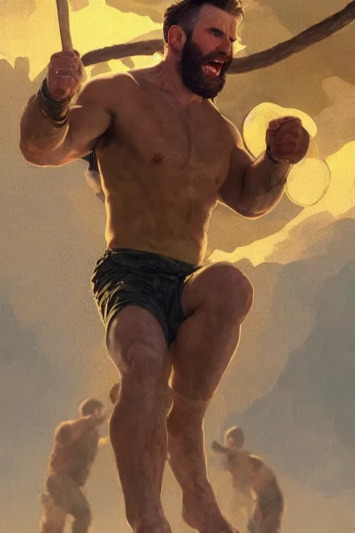 Image similar to chris evans cave man clothes fighting in the sun, yellow lighting ultra realistic photorealistic highly detailed high quality, a stunningly, digital painting, artstation, concept art, smooth, sharp focus, illustration, art by artgerm and greg rutkowski and alphonse mucha 8 k