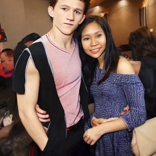 Prompt: Tom Holland with his arm around with a serious Filipina college girl