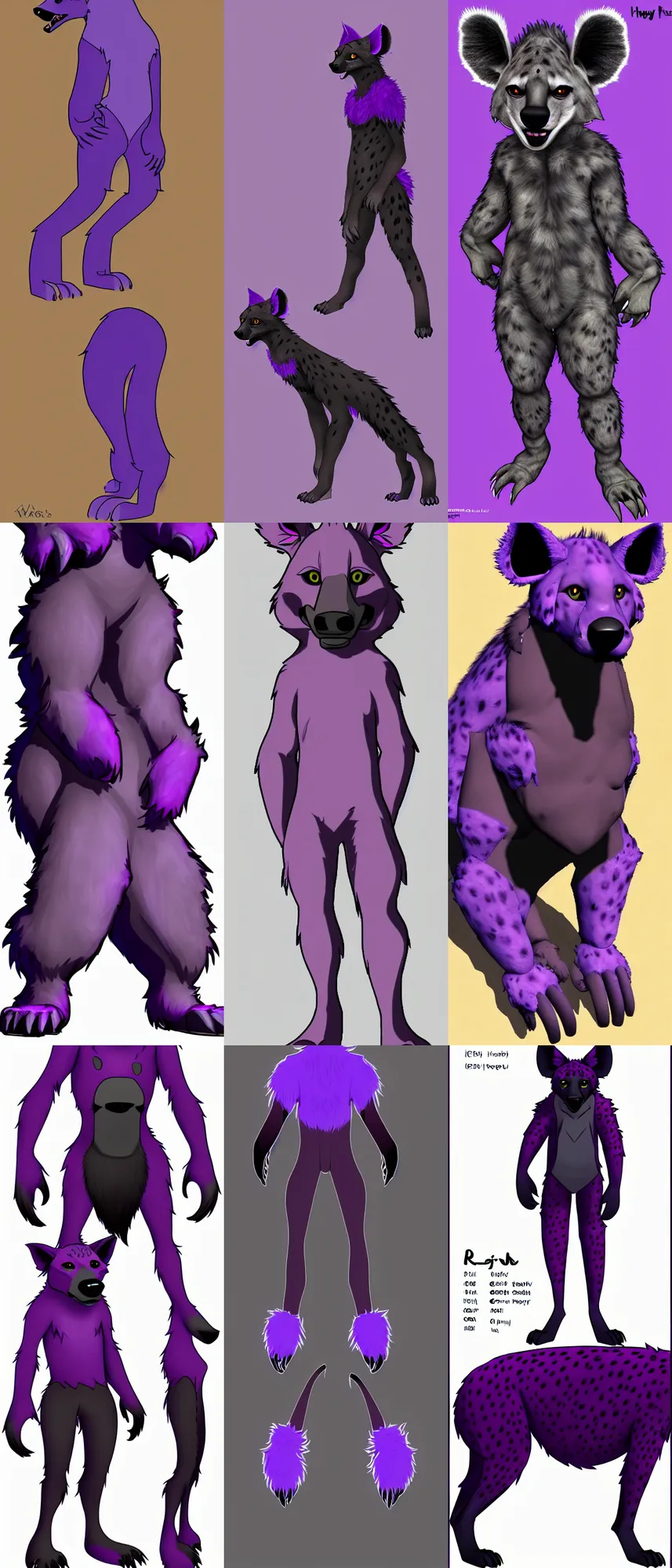 Prompt: a full - body front - perspective furry reference sheet, a male hyena fursona, purple and black color scheme, trending on weasyl, high - resolution, photorealistic