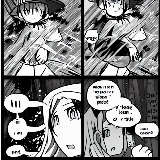 Image similar to comic drawn in pen, two panel meme, chito girls last tour, first panel contains speech bubble, fan art, anime,