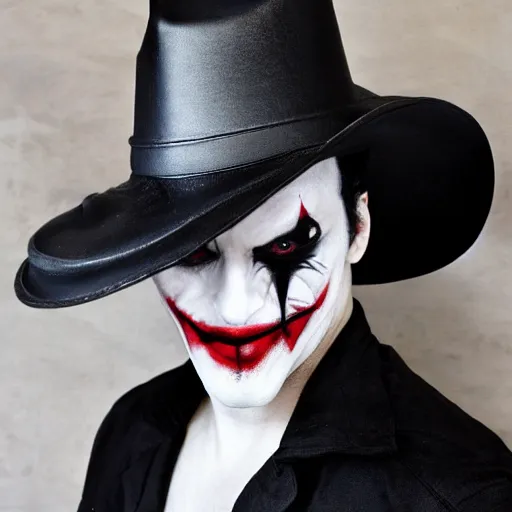 Image similar to a male model wearing a black leather hat in joker makeup, frontal view, cool looking