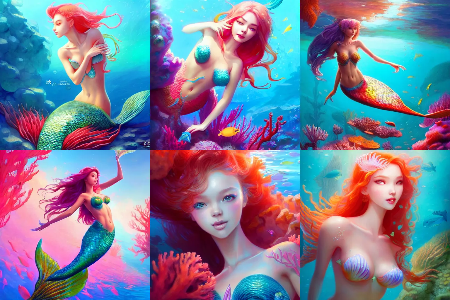 Prompt: concept art of a beautiful mermaid in a beautiful vibrant coral reef | | cute - fine - face, pretty face, fine details by stanley artgerm lau, wlop, rossdraws, james jean, andrei riabovitchev, marc simonetti, and sakimichan, trending on artstation