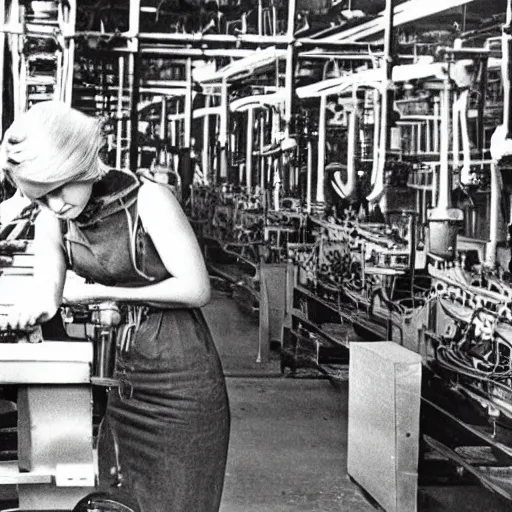 Prompt: vintage monochrome photograph of Britney Spears working in a munitions factory, 8k, highly detailed, highly intricate,