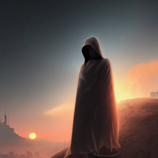 Image similar to hooded figure standing at the edge of reality gazing into the unknown, sunset on distant machine planet, steampunk, cyberpunk, detailed, smooth, sharp focus, artstation, artgerm, 4 k ultra hd, fantasy dark art