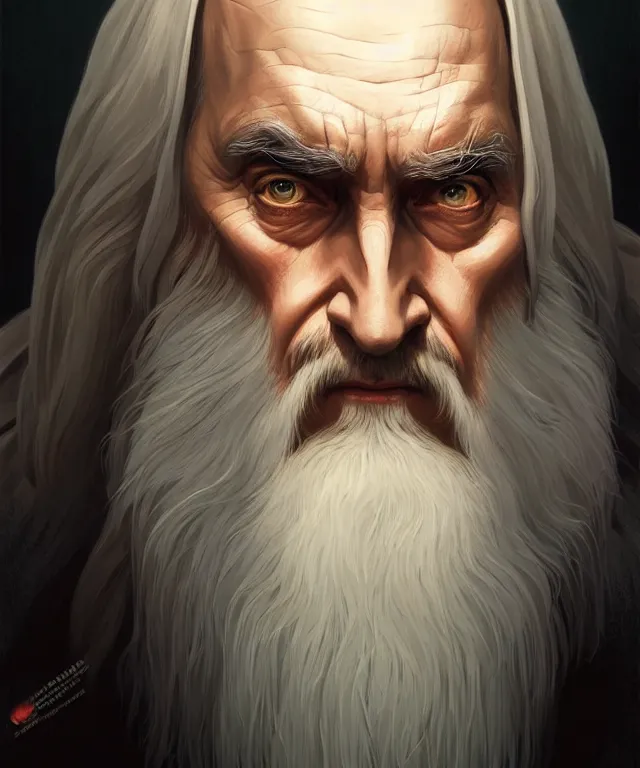 Image similar to portrait saruman, bandaid across his nose, caricature, headshot, highly detailed, digital painting, artstation, concept art, sharp focus, cinematic lighting, illustration, art by met mangindaan, artgerm and greg rutkowski, alphonse mucha, cgsociety