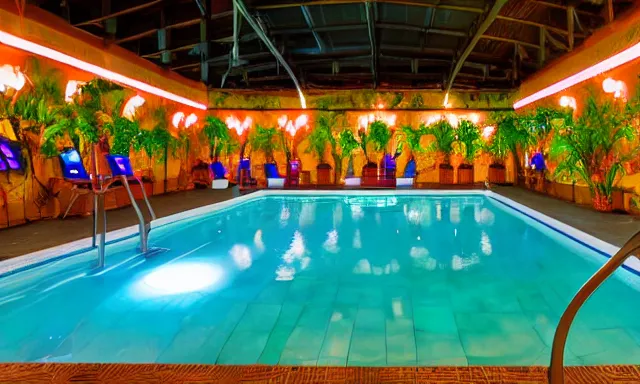 Image similar to indoor pool with ferns and palm trees at night, shops, pool tubes, chromatic abberation, dramatic lighting, depth of field, 80s photo