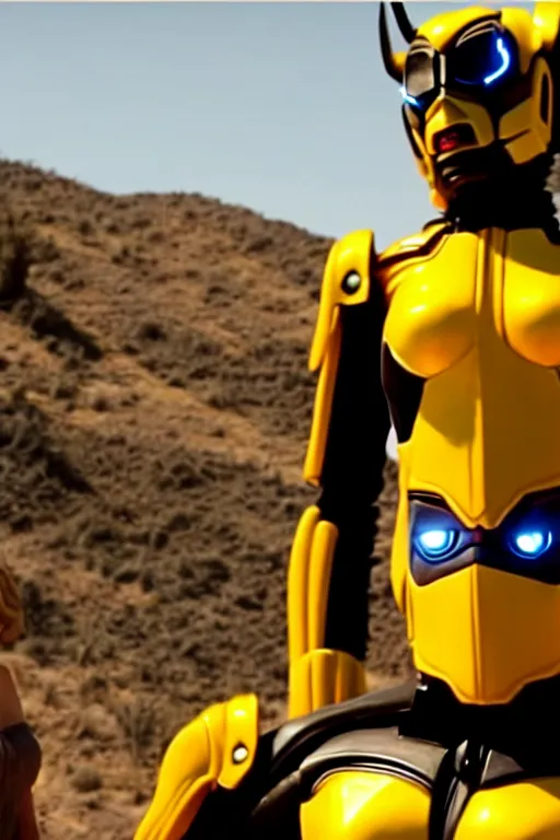 Image similar to movie still from westworld, bumblebee,