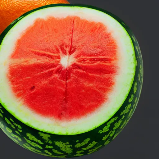 Prompt: A hybrid of an orange and a watermelon, cut in half, 35mm photography, 8k photorealism, photorealistic imagery