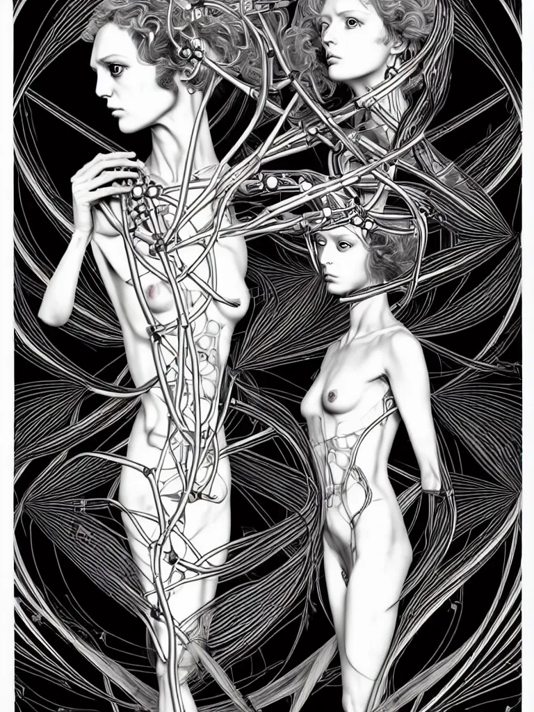 Image similar to x - ray bioscans of mutant transhumanist ai cult, style blending æon flux, shepard fairey, hideo kojima, mobius, and botticelli, inspired by pre - raphaelite, and shoujo manga, ultralight quantum machine, bizarre and elegant, superfine linework, 4 k photorealistic,