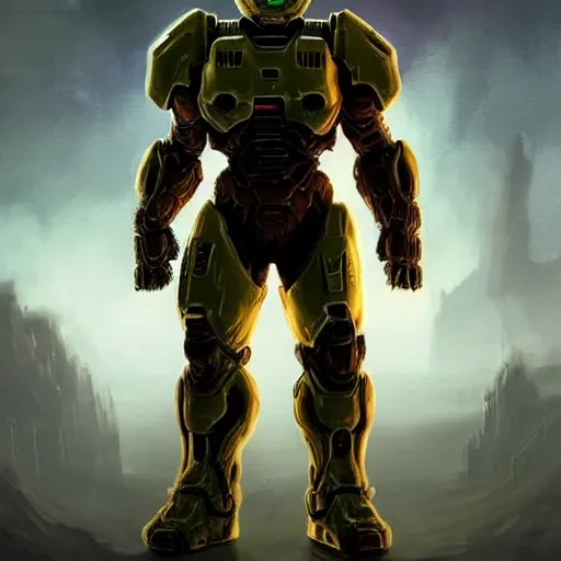 Image similar to doom guy from doom eternal in the halo universe, artstation hall of fame gallery, editors choice, #1 digital painting of all time, most beautiful image ever created, emotionally evocative, greatest art ever made, lifetime achievement magnum opus masterpiece, the most amazing breathtaking image with the deepest message ever painted, a thing of beauty beyond imagination or words, 4k, highly detailed, cinematic lighting