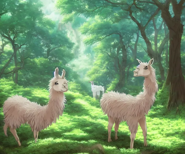 Image similar to llama in a forest, anime fantasy illustration by tomoyuki yamasaki, kyoto studio, madhouse, ufotable, comixwave films, trending on artstation