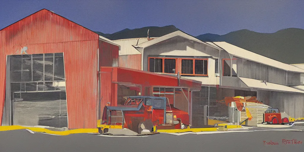 Prompt: brutalist single - story fire department in rural marin county california, painting by robert bechtle, ultrafine detail