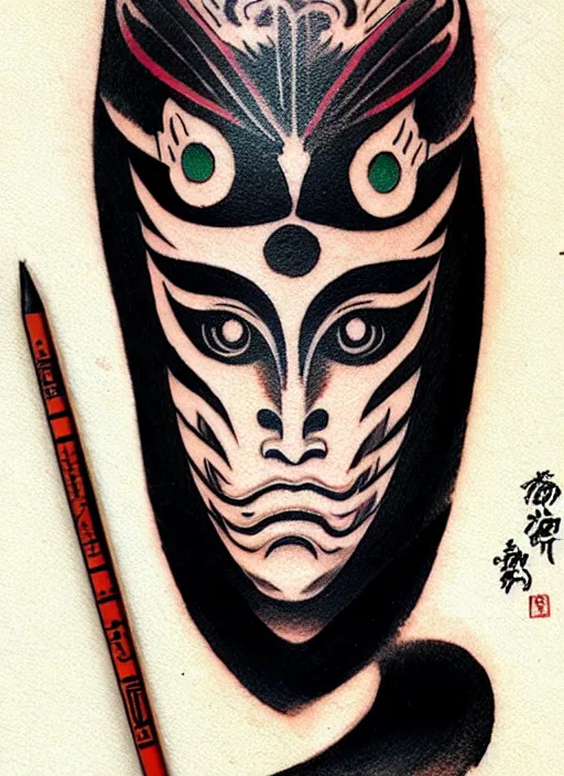 Image similar to kabuki mask tattoo design by greg rutkowski