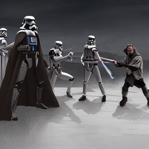 Prompt: Jedis executing a row of innocent citizens of the Empire, digital art, star wars,