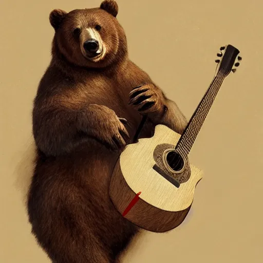 Image similar to realistic bear holding a triangular wooden triangle + guitar sound hole + guitar neck, highly detailed, digital painting, artstation, concept art, smooth, sharp focus, illustration, cinematic lighting, art by artgerm and greg rutkowski and alphonse mucha