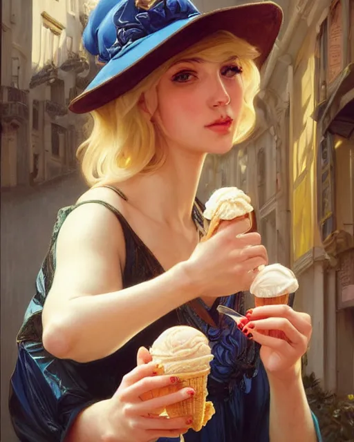 Prompt: Painting of a blonde lady eating an ice cream in Porto,real life skin, intricate, elegant, highly detailed, artstation, concept art, smooth, sharp focus, art by artgerm and greg rutkowski and alphonse mucha