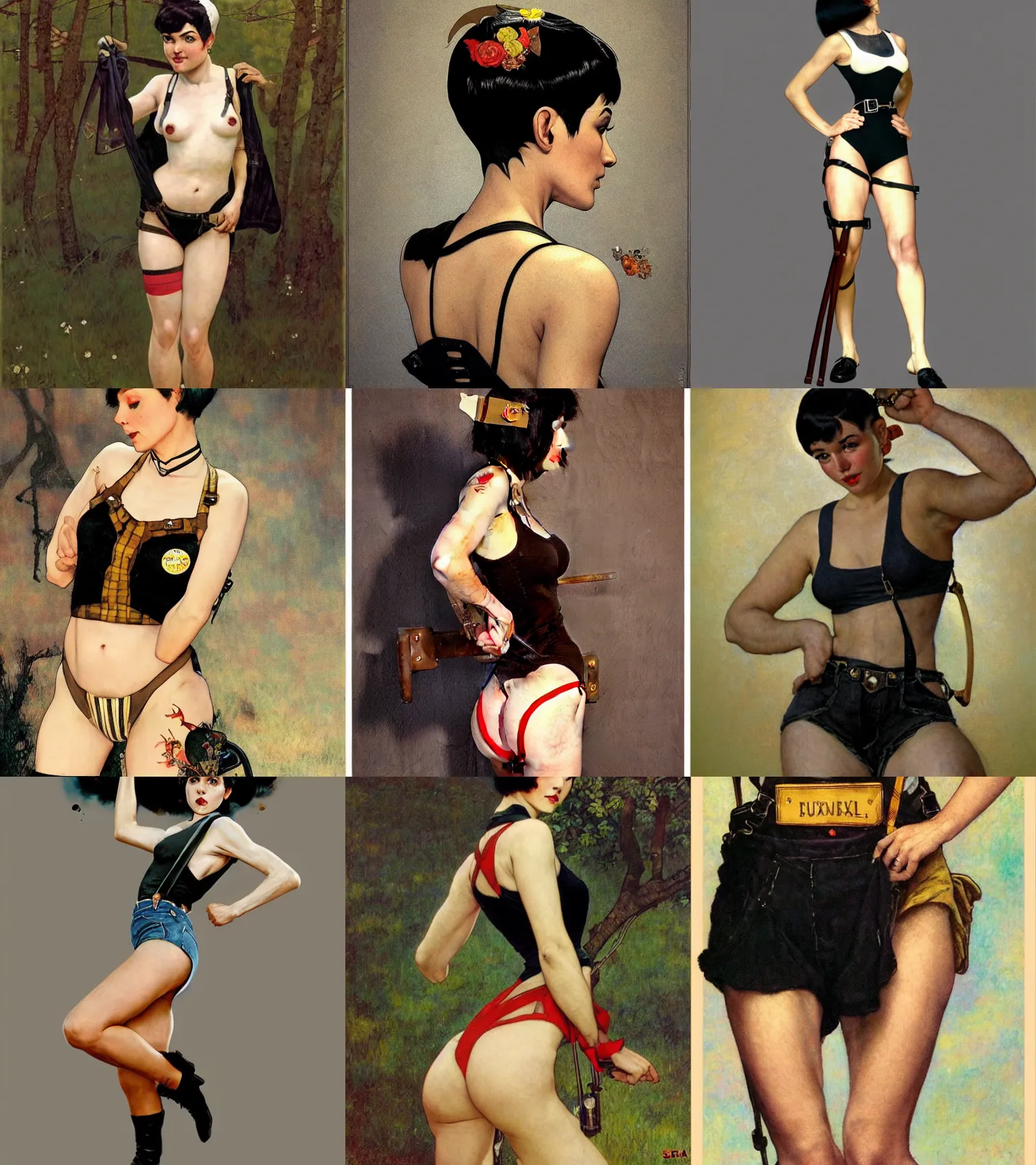 Prompt: a woman with black hair pixie cut in shorts with suspenders drawn by ruan jua, norman rockwell, frank frazetta, peter paul rubens, alphonse mucha, gustav klimt 4k, unreal 5, DAZ, french noveau, trending on artstation, octane render, hyperrealistic