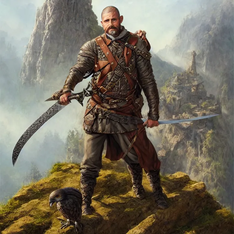 Image similar to middle age ranger with rugged expresions falcon pet on his sholder holding a long sword, top a cliff observing old ruins of a castle, elegant clothing, photorealistic render, matte patining, highly detailed, artstation, smooth, sharp focus, art by michael whelan, artgerm, greg rutkowski