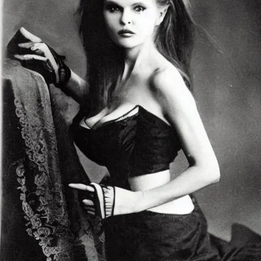 Prompt: Christie Brinkley as a vampire, photograph from the 1800s