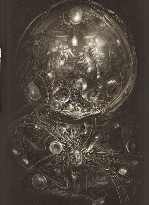 Image similar to old wetplate daguerreotype birth of artificial futuristic embryo life, fractal, intricate, elegant, highly detailed, parallax, leica, medium format, subsurface scattering, by jheronimus bosch and greg rutkowski and louis jacques mande daguerre