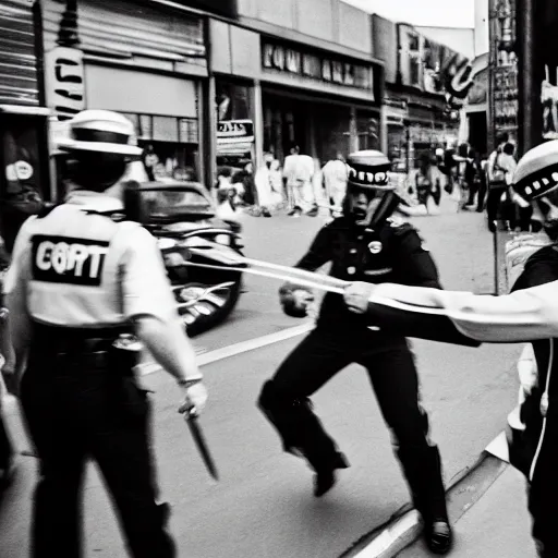Image similar to a riot cop beating a clown, leica m 9, voigtlander 3 5 mm, 1 9 6 0 s