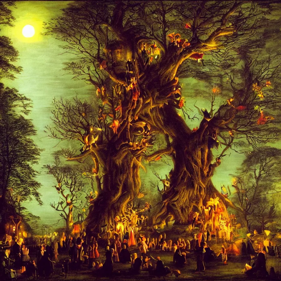 Image similar to a night carnival around a magical tree cavity, with a surreal orange moonlight and fireworks in the background, next to a lake with iridiscent water, christmas lights, folklore animals and people disguised as fantastic creatures in a magical forest by summer night, masterpiece painted by joseph wright, dark night environment