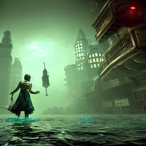 Image similar to rapture bioshock, city at sea floor, water, submerged, seaweed, fish, realistic, detailed, underwater, dark