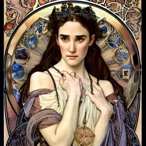 Prompt: realistic detailed face portrait of Jennifer Connelly as a beautiful young medieval queen by Alphonse Mucha, Ayami Kojima, Amano, Charlie Bowater, Karol Bak, Greg Hildebrandt, Jean Delville, and Mark Brooks, Art Nouveau, Pre-Raphaelite, Neo-Gothic, gothic, rich deep moody colors