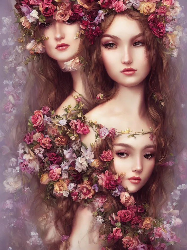 Image similar to beautiful girl digital art long hair with flowers baroque artgerm style