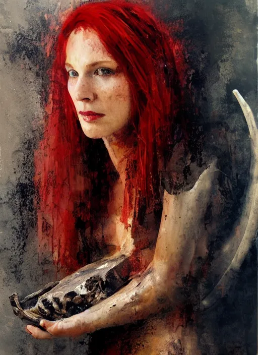 Prompt: portrait painting of beautiful red head ancient irish celtic priestess holding a dinosaur skull, by jeremy mann, only one head single portrait