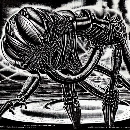 Image similar to a giant biomechanical alien monster by virgil finlay