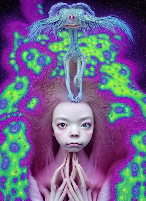 Prompt: hyper detailed 3d render like a Oil painting - kawaii portrait Aurora (a skeksi from dark crystal that looks like Anya Taylor-Joy) seen Eating of the Strangling network of yellowcake aerochrome and milky Fruit and His delicate Hands hold of gossamer polyp blossoms bring iridescent fungal flowers whose spores black the foolish stars by Jacek Yerka, Ilya Kuvshinov, Mariusz Lewandowski, Houdini algorithmic generative render, Abstract brush strokes, Masterpiece, Edward Hopper and James Gilleard, Zdzislaw Beksinski, Mark Ryden, Wolfgang Lettl, hints of Yayoi Kasuma, octane render, 8k