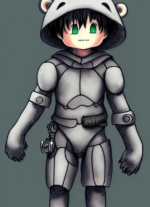 Image similar to beautiful little boy wearing an cyborg bear suit, artwork in kentaro miura and made in abyss and rosdraws, smooth, beautiful lightness, anatomically correct, trending on pixiv, forest