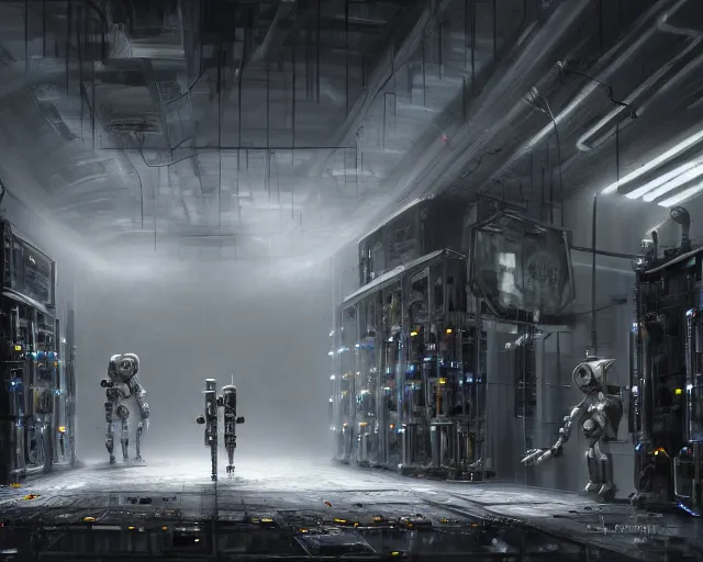 Image similar to gloomy ruined server room in datacenter robot painting concept art of automata rusty steel robot knight colossus welder pacing mono eyed, sharp focus, emitting diodes, smoke, artillery, sparks, racks, motherboard, by pascal blanche rutkowski repin artstation hyperrealism detailed matte painting, 4 k resolution blade runner