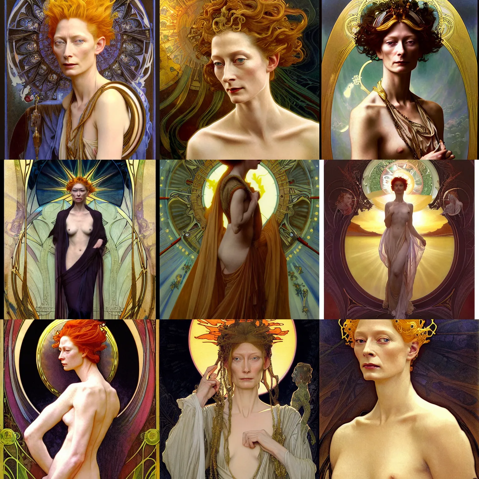 Prompt: stunning, breathtaking, awe-inspiring award-winning concept art nouveau painting of attractive alluring Tilda Swinton as the goddess of the sun, with anxious, piercing eyes, by Alphonse Mucha, Michael Whelan, William Adolphe Bouguereau, John Williams Waterhouse, and Donato Giancola, cyberpunk, extremely moody lighting, glowing light and shadow, atmospheric, cinematic, 8K