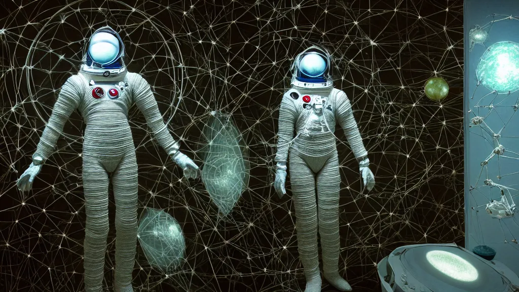 Image similar to a cybernetic symbiosis of a single astronaut eva suit made of pearlescent wearing knitted yarn thread infected with diamond 3d fractal lace iridescent bubble 3d skin covered with stalks of insectoid compound eye camera lenses floats through the living room, film still from the movie directed by Denis Villeneuve with art direction by Salvador Dalí, wide lens,