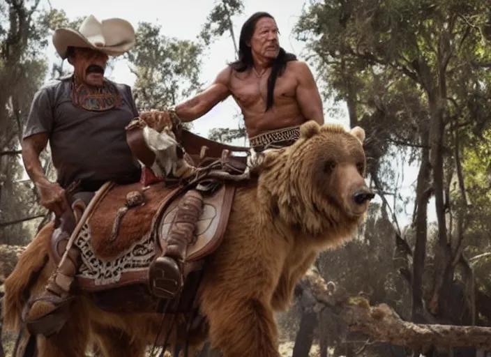 Image similar to film still of danny trejo on a saddle riding a bear wearing a bandana in mexico, 8 k