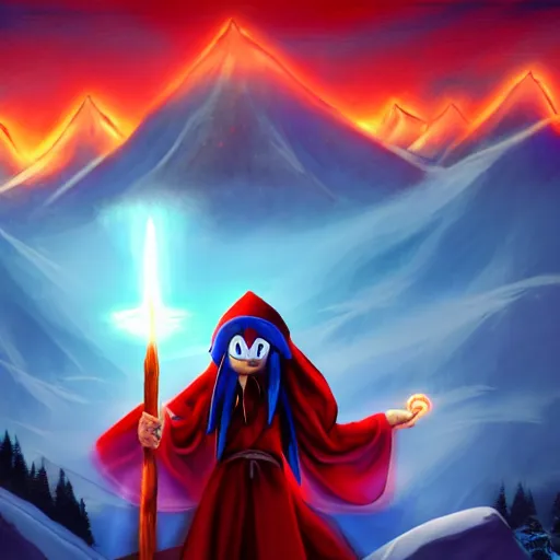 Image similar to red headed woman dressed in dark blue wizard robes holding a wooden staff covered in glowing red runes topped with a glowing gem. background of snowy mountains. fantasy painting. sonic the hedgehog is also there