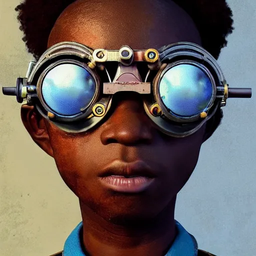 Prompt: colourful vfx art of a nigerian boy wearing steam punk goggles, art by utagawa kunisada & james jean, volumetric light, ray tracing, unreal engine, octane 3 d render, sharp, detailed, digital painting, illustration, highly detailed, intricate detail, pinterest, behance, art station,