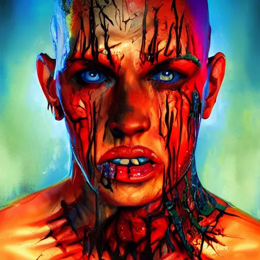 Image similar to Bright, colorful, realistic Serial killer rpg single individual full body and head shot gore covered with scars and tattoos screaming, backlighting, kodachrome, high contrast, highly detailed, sharp focus, digital painting, concept art, illustration, trending on artstation, comic book by Alex Ross cover art