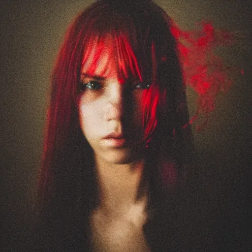 Image similar to a photo of a young woman. moody and melanchonic. red, yellow