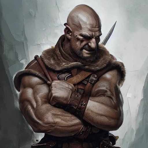 Image similar to portrait of a muscular, bald orc mechanic, wearing a heavy brown leather coat, wielding a wrench, DnD character, fantasy character, dramatic lighting, high detail, digital art by Ruan Jia