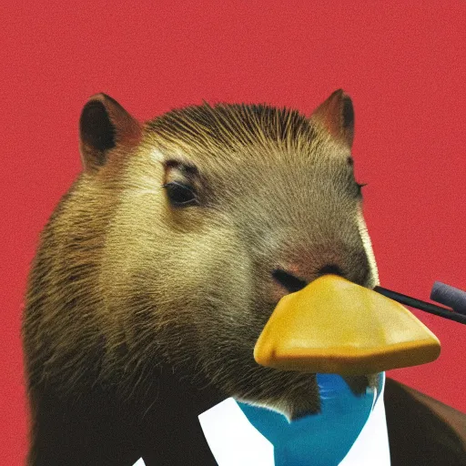 Image similar to a high detail photo of an antropomorphic capybara wearing a suit smoking a cigarrette, subject= duck, subject detail: wearing a suit, subject action: smoking a cigarrette photorealism